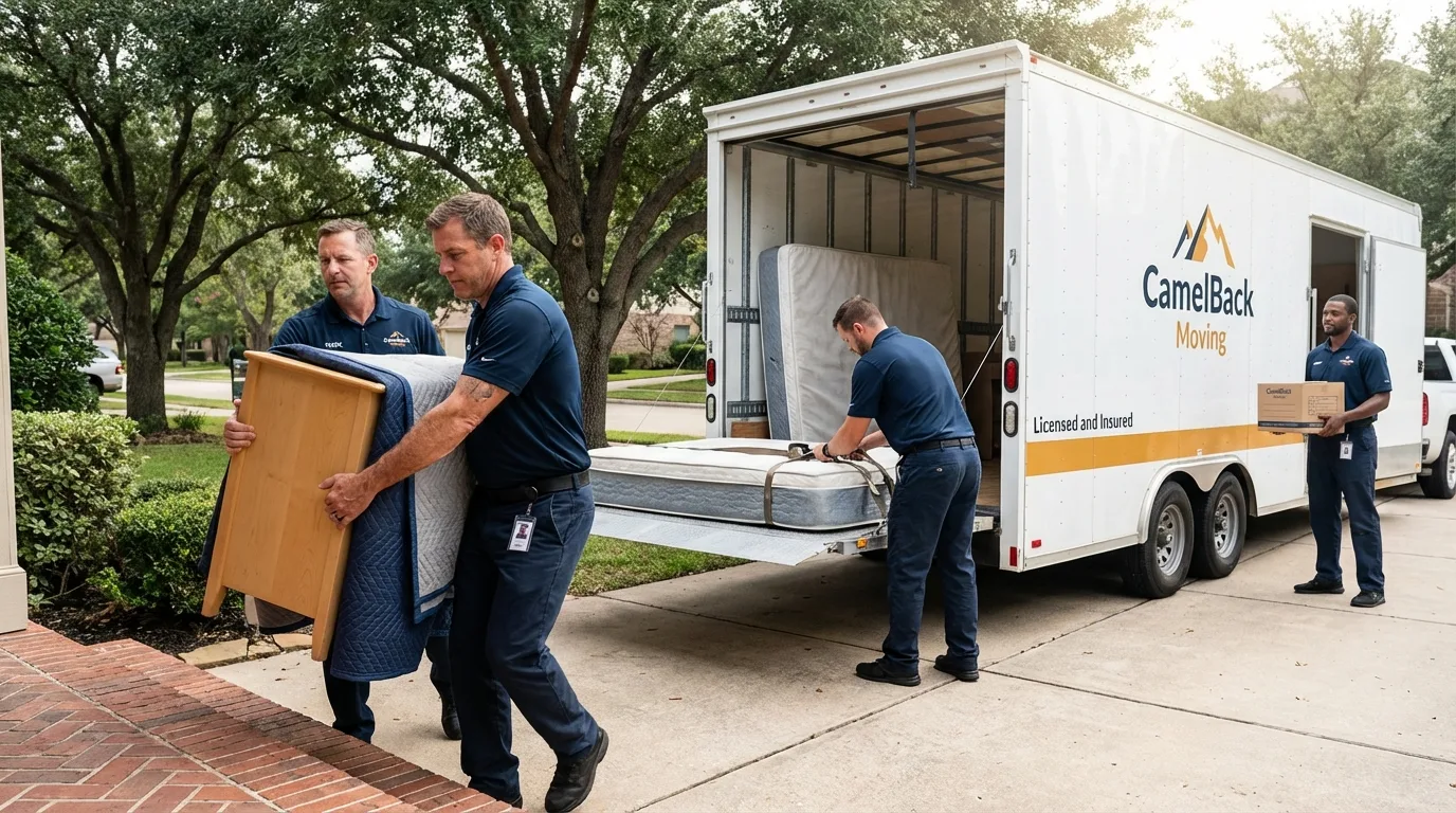 Crew loading residential truck for cross-state move from White Hall, AR