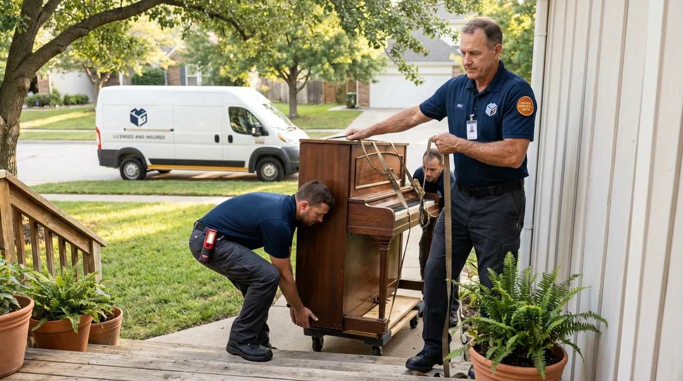 Licensed piano movers securing grand piano in White Hall, AR