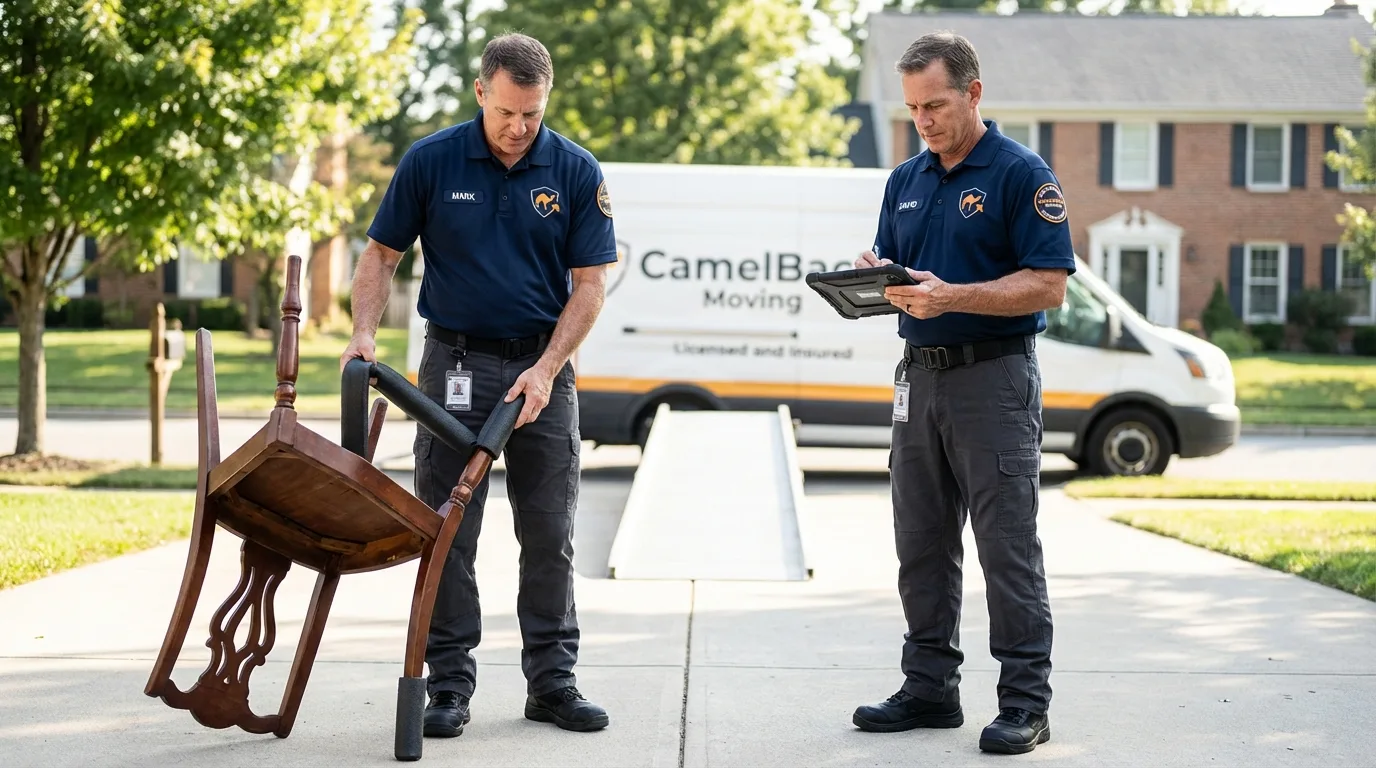 Movers inspecting furniture for damage prevention before loading in White Hall, AR