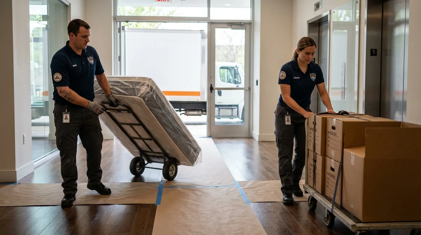 Professional apartment movers loading elevator in White Hall, AR